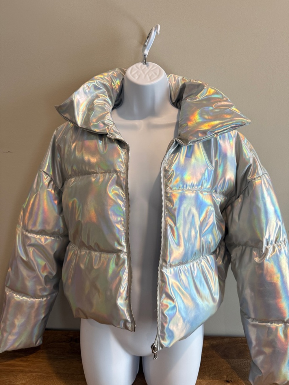 Holographic Silver Puffer Jacket with High Collar